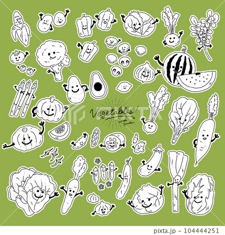 顔のついた手描き野菜キャラクターの黒線画アイコンイラスト ベクター 顔のついた手描き野菜キャラクターの黒線画アイコンイラスト ベクター 104444251