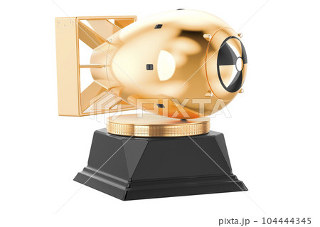 Atomic Bomb Gold Award Trophy Pedestal. 3d Rendering Atomic Bomb Gold Award Trophy Pedestal. 3d Rendering 104444345