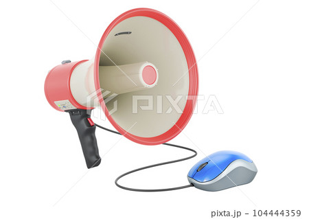 Megaphone with computer mouse. 3D rendering Megaphone with computer mouse. 3D rendering 104444359