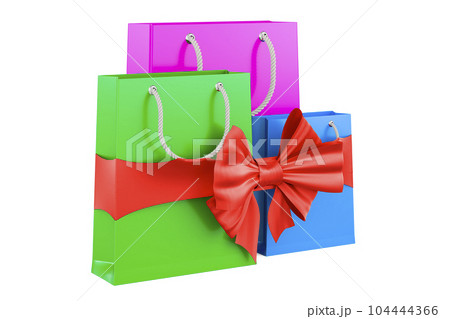 Shopping bags with red ribbon and bow, present concept. 3D rendering 104444366