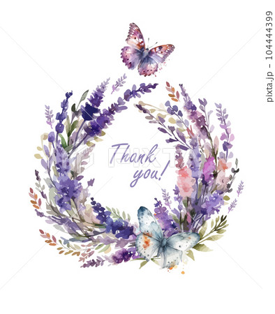 Purple watercolor flower wreath with butterflies. Postcard. Thank you. Vector illustration Purple watercolor flower wreath with butterflies. Postcard. Thank you. Vector illustration 104444399
