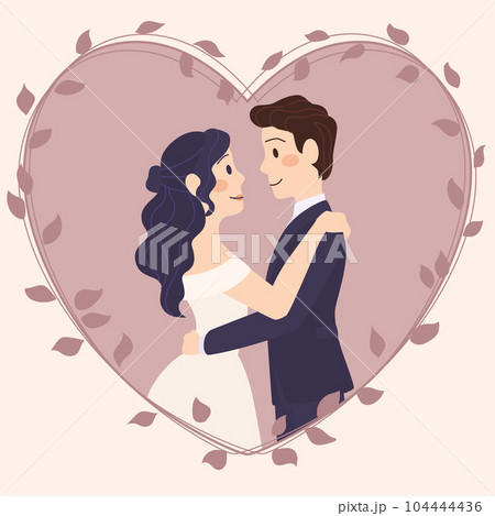 Isolated cute wedding couple characters on a heart shape Vector 104444436