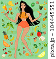 A lady happily smiling full of life in a Healthy lifestyle filled with fresh fruit and vegetables, nuts and herbs 104445551