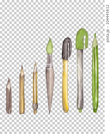 Back to school. A set of pencils, pens and brushes. Isolated watercolor illustration for your design. Ideal for decorating clothes and stationery Back to school. A set of pencils, pens and brushes. Isolated watercolor illustration for your design. Ideal for decorating clothes and stationery 104445612