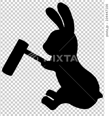 ウサギの餅つき　簡単かわいいイラスト素材　シルエット 104447100