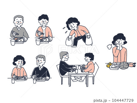 高齢者夫婦がお弁当宅配サービスや食料品配送サービスを利用するイラストセット 高齢者夫婦がお弁当宅配サービスや食料品配送サービスを利用するイラストセット 104447729