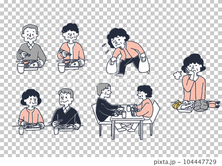 高齢者夫婦がお弁当宅配サービスや食料品配送サービスを利用するイラストセット 高齢者夫婦がお弁当宅配サービスや食料品配送サービスを利用するイラストセット 104447729