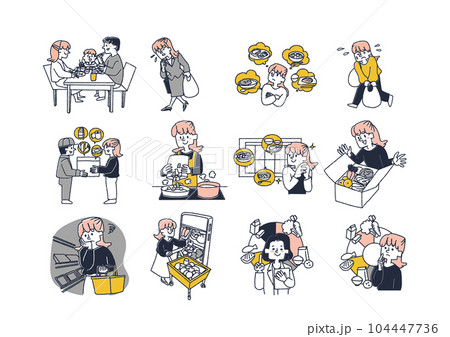 カット野菜や調理キット配送サービス、お弁当宅配サービスに関する人物を交えたイラストセット カット野菜や調理キット配送サービス、お弁当宅配サービスに関する人物を交えたイラストセット 104447736