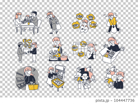 カット野菜や調理キット配送サービス、お弁当宅配サービスに関する人物を交えたイラストセット カット野菜や調理キット配送サービス、お弁当宅配サービスに関する人物を交えたイラストセット 104447736