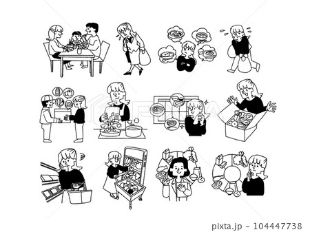 カット野菜や調理キット配送サービス、お弁当宅配サービスに関する人物を交えたイラストセット カット野菜や調理キット配送サービス、お弁当宅配サービスに関する人物を交えたイラストセット 104447738