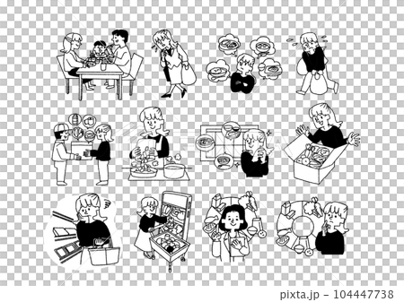 カット野菜や調理キット配送サービス、お弁当宅配サービスに関する人物を交えたイラストセット カット野菜や調理キット配送サービス、お弁当宅配サービスに関する人物を交えたイラストセット 104447738