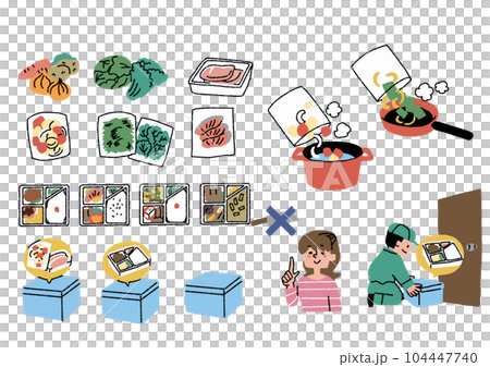 カット野菜や調理キット配送サービス、お弁当宅配サービスに関するイラストセット カット野菜や調理キット配送サービス、お弁当宅配サービスに関するイラストセット 104447740