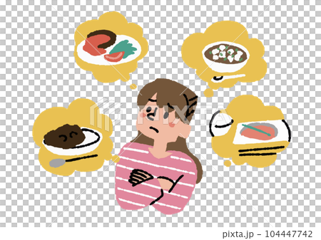 擔心菜單的家庭主婦 與烹飪套件配送服務和盒飯配送服務相關的插圖 104447742