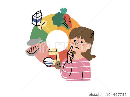 栄養バランスについて考える主婦　調理キット配送サービス、お弁当宅配サービスに関するイラスト 104447755
