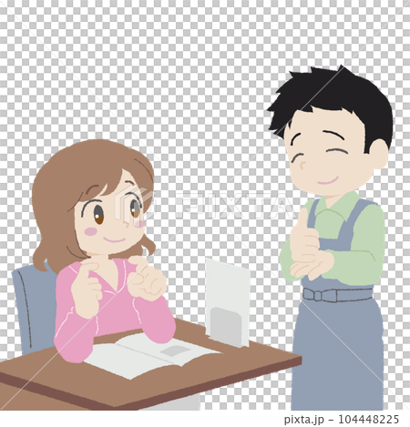 手描き風の手話で接客をする店員と答える客 104448225