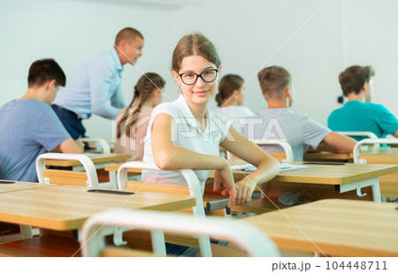 Portrait of diligent teenager girl high school student looking at camera during lesson Portrait of diligent teenager girl high school student looking at camera during lesson 104448711