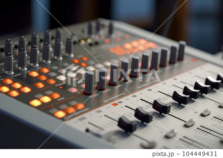 Sound panel for working in the studio and on TV projects. Close-up of the Mixing console. mixing knobs. mix musical tracks on techno party in night club. blurred concept, Generative AI illustration Sound panel for working in the studio and on TV projects. Close-up of the Mixing console. mixing knobs. mix musical tracks on techno party in night club. blurred concept, Generative AI illustration 104449431