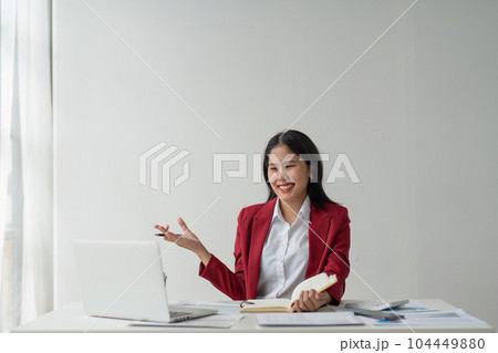 business woman smile video call on laptop conference, training workshop or virtual consulting appointment 104449880