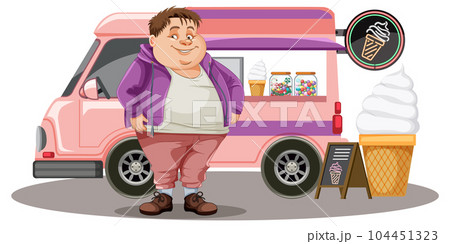 Overweight man in front of ice cream food truck Overweight man in front of ice cream food truck 104451323
