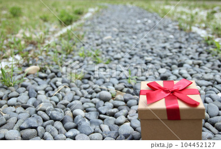 Gift box on green grass background with as a present for Christmas, new year, valentine day or anniversary. Gift box on green grass background with as a present for Christmas, new year, valentine day or anniversary. 104452127