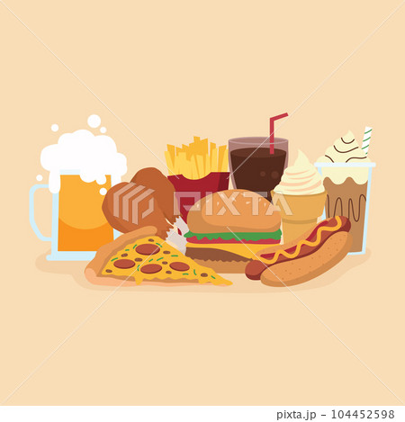 junk food, fast food unhealthy Vector flat illustration junk food, fast food unhealthy Vector flat illustration 104452598