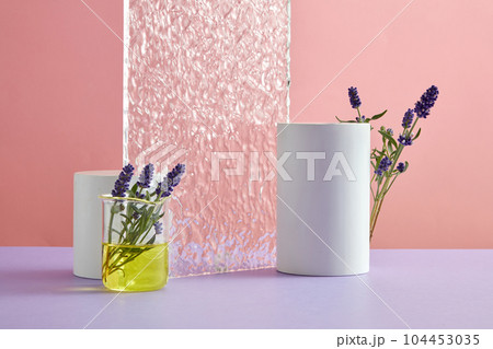 Minimal abstract background for cosmetic presentation with lavender concept. Fresh lavender, cylinder podiums and acrylic sheet decorated on a pink background. Front view Minimal abstract background for cosmetic presentation with lavender concept. Fresh lavender, cylinder podiums and acrylic sheet decorated on a pink background. Front view 104453035