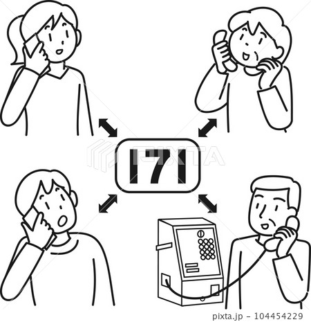 災害時に伝言ダイヤルで連絡を取り合う人々 104454229