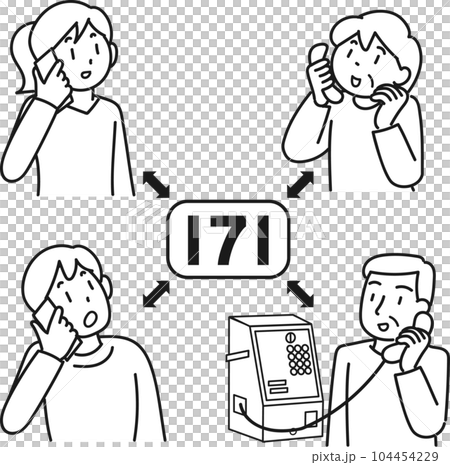 災害時に伝言ダイヤルで連絡を取り合う人々 104454229
