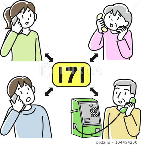 災害時に伝言ダイヤルで連絡を取り合う人々 104454230