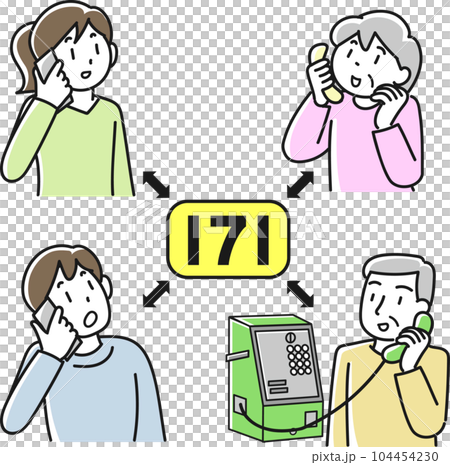 災害時に伝言ダイヤルで連絡を取り合う人々 104454230