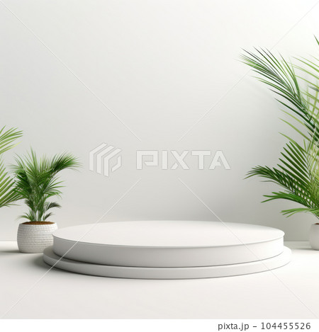 White cylinder product pedestal podium background with green leaf. Minimal vertical pattern wall scene mockup product stage showcase, Promotion display. Abstract geometric forms. White cylinder product pedestal podium background with green leaf. Minimal vertical pattern wall scene mockup product stage showcase, Promotion display. Abstract geometric forms. 104455526