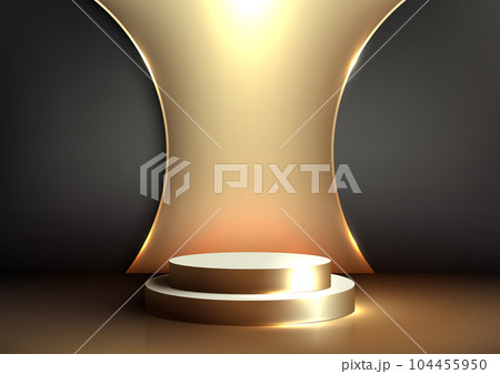 Luxurious 3D Showcase Podium with Elegant Golden Backdrop. Modern Concept for Product Display 104455950