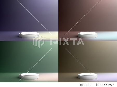 Set 3D realistic empty white podium stand studio room on colors background with lighting Set 3D realistic empty white podium stand studio room on colors background with lighting 104455957