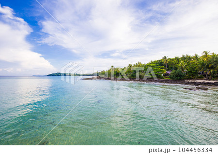 Island sea beach coconut palm tree against blue sky with cloud 104456334