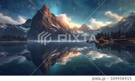 星空とそびえ立つ山々と湖のドラマチックな風景「AI生成画像」 104456415