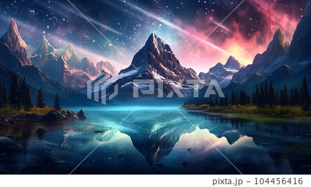星空とそびえ立つ山々と湖のドラマチックな風景「AI生成画像」 104456416