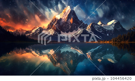 星空とそびえ立つ山々と湖のドラマチックな風景「AI生成画像」 104456420