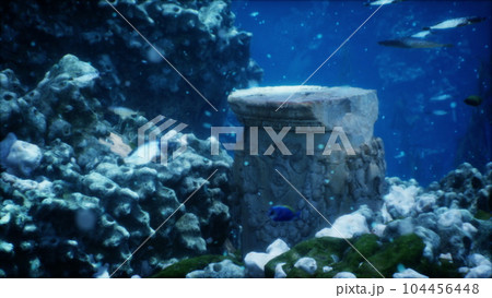 sunken remnants of old civilization coated in algae and coral on sea bed 104456448