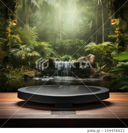 Stone platform in tropical forest and waterfall for product presentation showcase Stone platform in tropical forest and waterfall for product presentation showcase 104456621