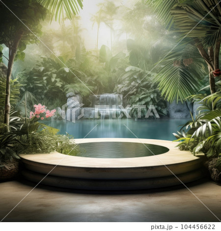 Stone platform pedestal in tropical forest for product presentation and green forest Stone platform pedestal in tropical forest for product presentation and green forest 104456622