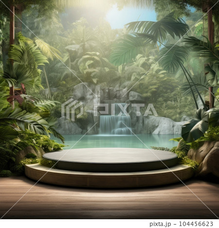 Podium in outdoor waterfall green tropical forest nature background. Natural water product present placement pedestal counter display, spring summer jungle paradise concept. Podium in outdoor waterfall green tropical forest nature background. Natural water product present placement pedestal counter display, spring summer jungle paradise concept. 104456623