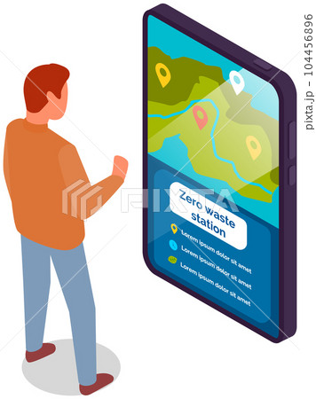 Man looking at informational screen map with marks. Person analyses zero waste station in mobile app 104456896