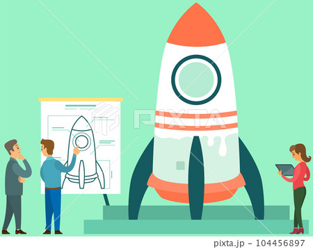 People look at new rocket before launch. Business startup concept. Entrepreneurs create project People look at new rocket before launch. Business startup concept. Entrepreneurs create project 104456897
