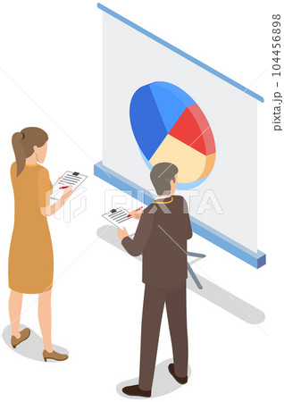 Employees analyze statistical indicators, business data. Characters work with marketing research Employees analyze statistical indicators, business data. Characters work with marketing research 104456898