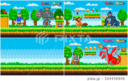 Set of illustrations on theme of pixel game, arcade about fights. Robots, cavemen and animals fight 104456948