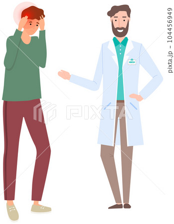 Patient complains to physician about headache. Man with pain in head in consultation with doctor 104456949