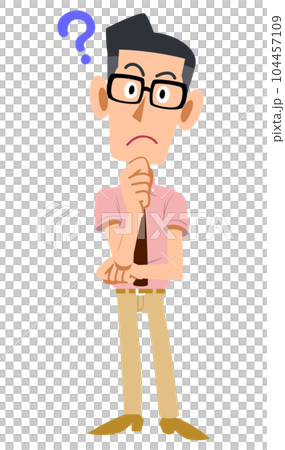 一個打著領帶、穿著短袖襯衫、戴著眼鏡的男人，心存疑慮 104457109