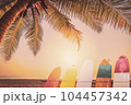 Surfboard and palm tree with blue sky on beach background. Travel adventure sport and summer vacation concept. Vintage tone filter effect color style. 104457342