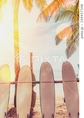 Surfboard and palm tree with blue sky on beach background. Travel adventure sport and summer vacation concept. Vintage tone filter effect color style. 104457346