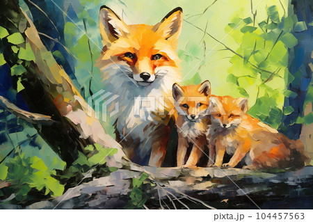 Beautiful painting of a family of foxs resting under the trees in the forest. Wildlife Animals. Illustration, Generative AI. 104457563